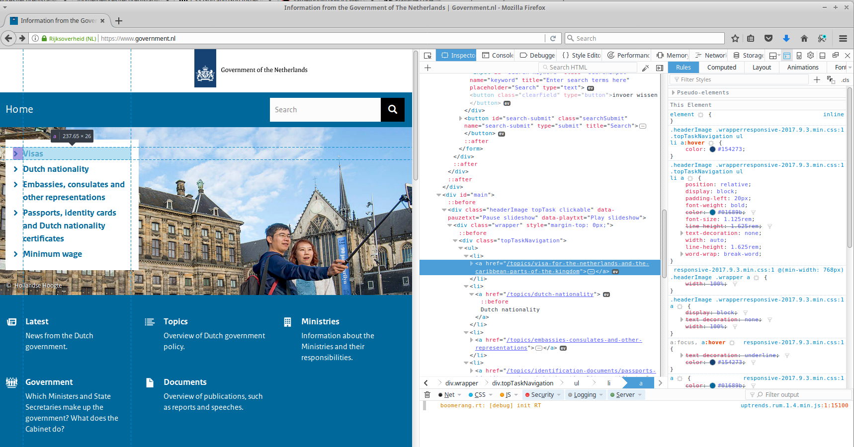 exploring a website with the developer tools in firefox